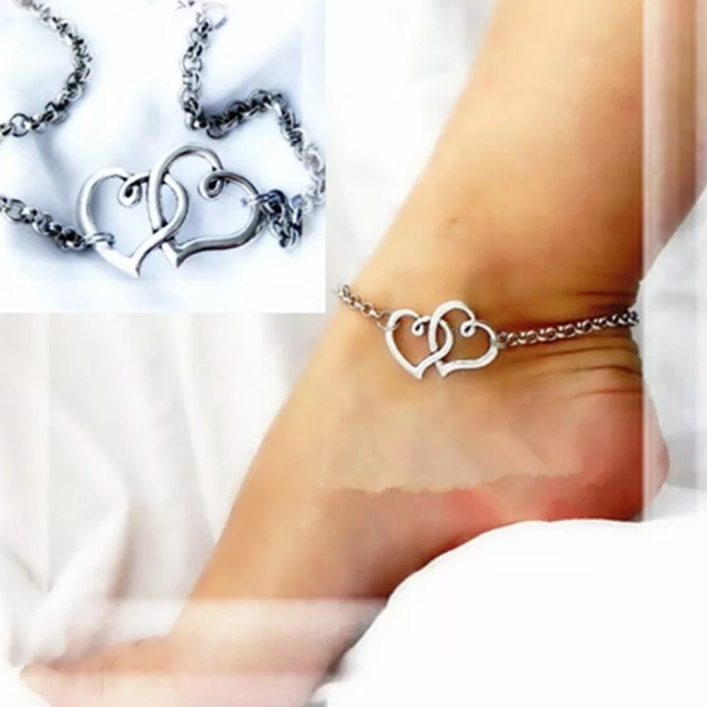 💰Firm Double Heart 💞 Silver Ankle Bracelet